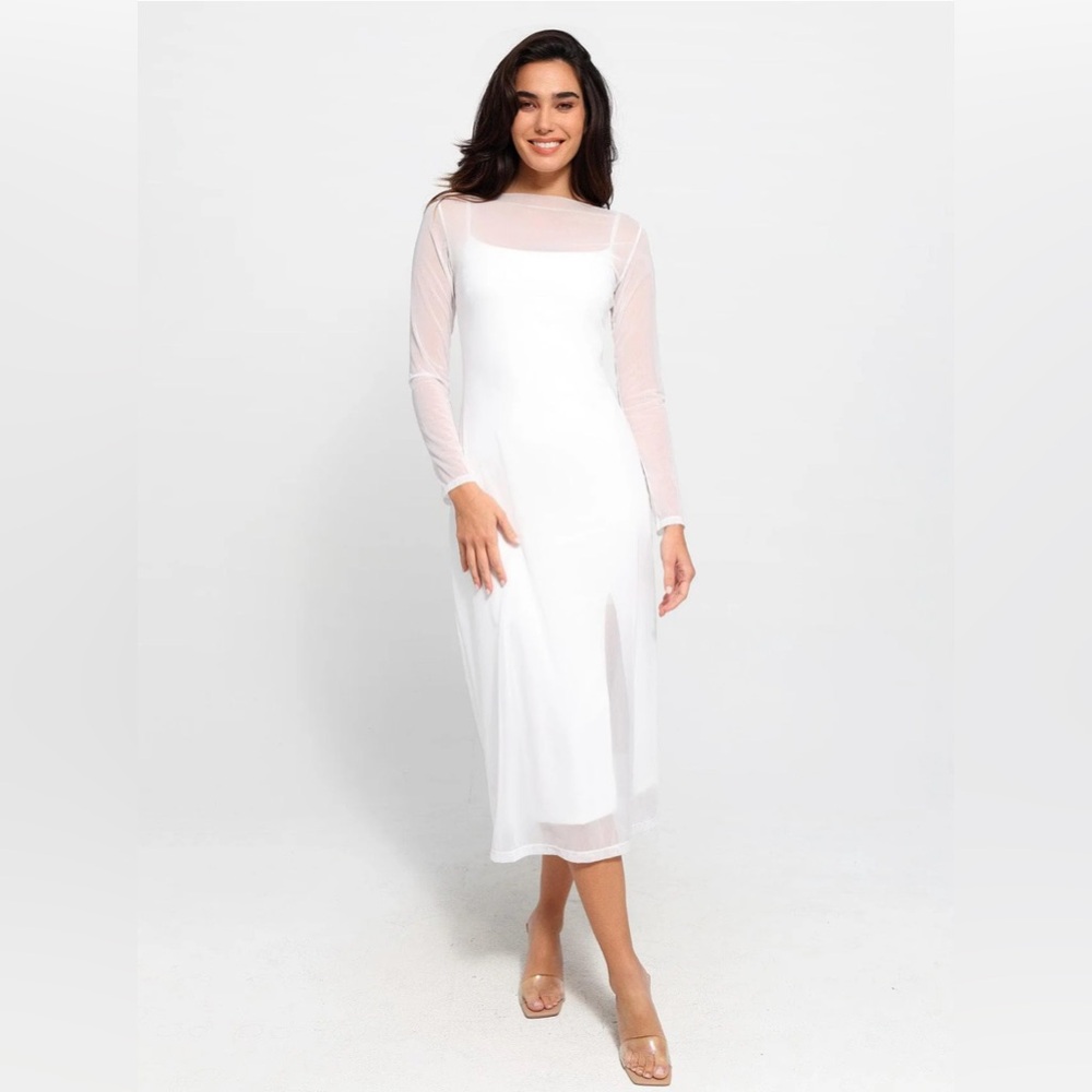 NWOT Popilish Shapewear Dress Set Sheer Mesh Slip Split Midi in White - medium